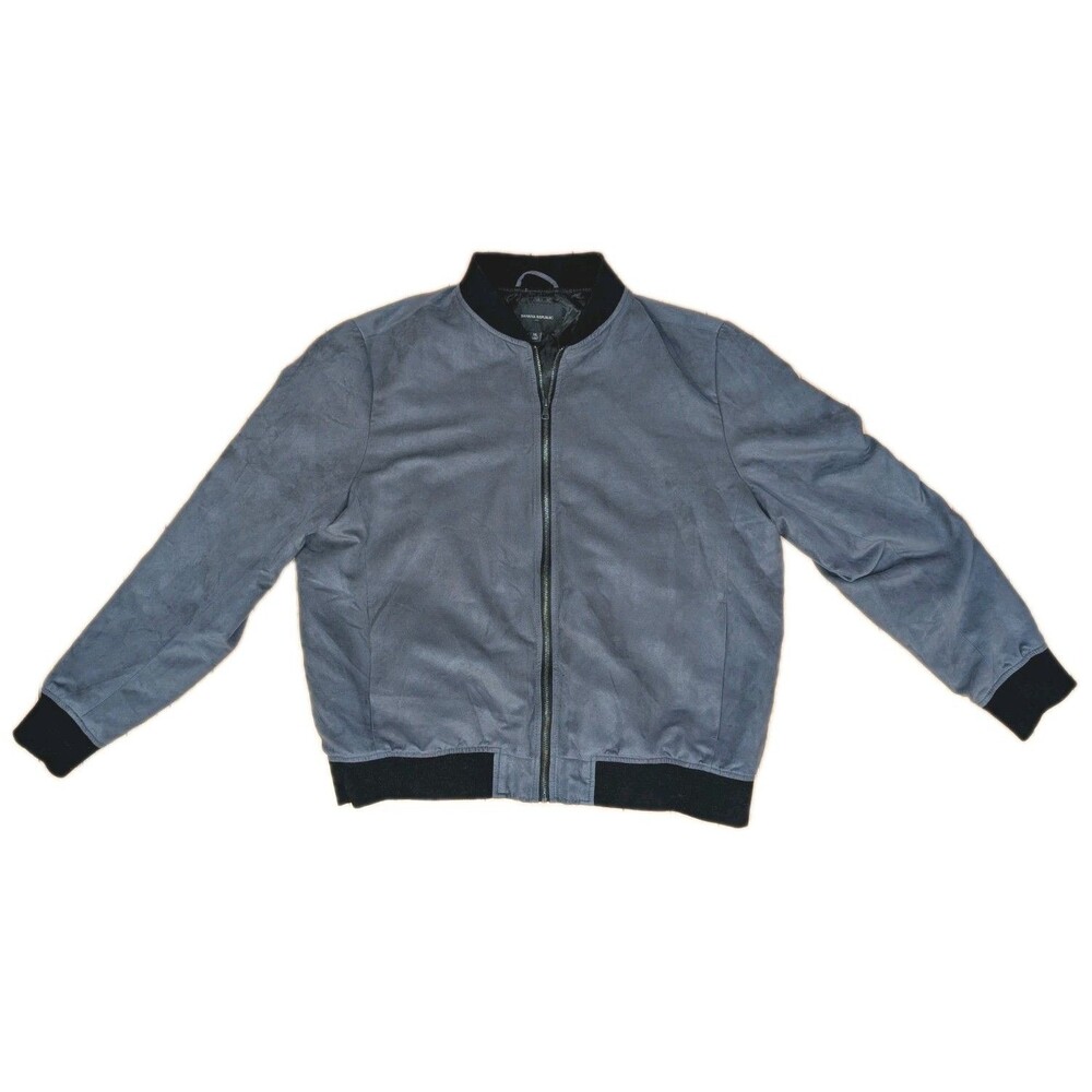 Banana Republic Mens XL Gray Vegan Suede Bomber Jacket Black Ribbed Trim EUC
